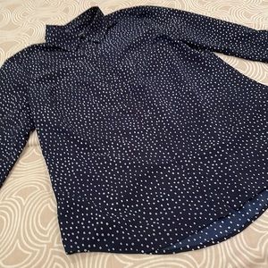 Talbots blouse, polyester, navy print, machine washable, M